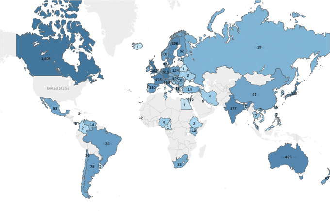 World map of US immigrant scientists&rsquo; source countries, N&nbsp;=&nbsp;9,641