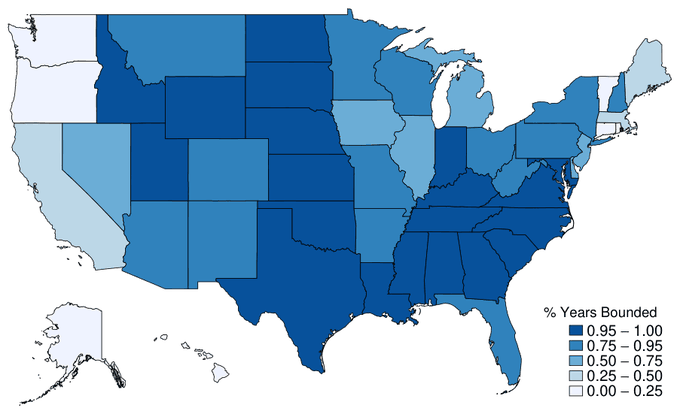 US map: share of years each state&rsquo;s minimum wage is bound by the federal rate, 1989&ndash;2013