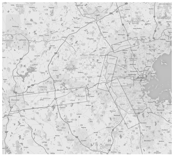 Map of Boston&rsquo;s main knowledge-flow corridors, which trace the highway network